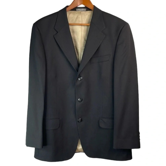 VINTAGE Wm. H. Leishman Mens Black Pure Wool 3 Button Single Breasted Jacket 42R - Picture 2 of 12